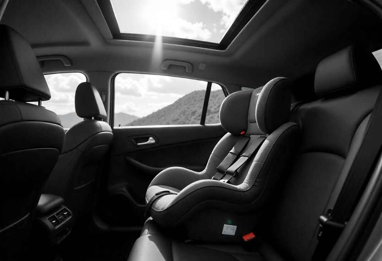 Nuna RAVA car seat showcasing easy seatbelt installation with True Tension™ doors in a family car.