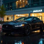 A sleek black Jaguar cars parked on a modern city street, showcasing its glossy finish, aerodynamic design, and luxurious appeal.