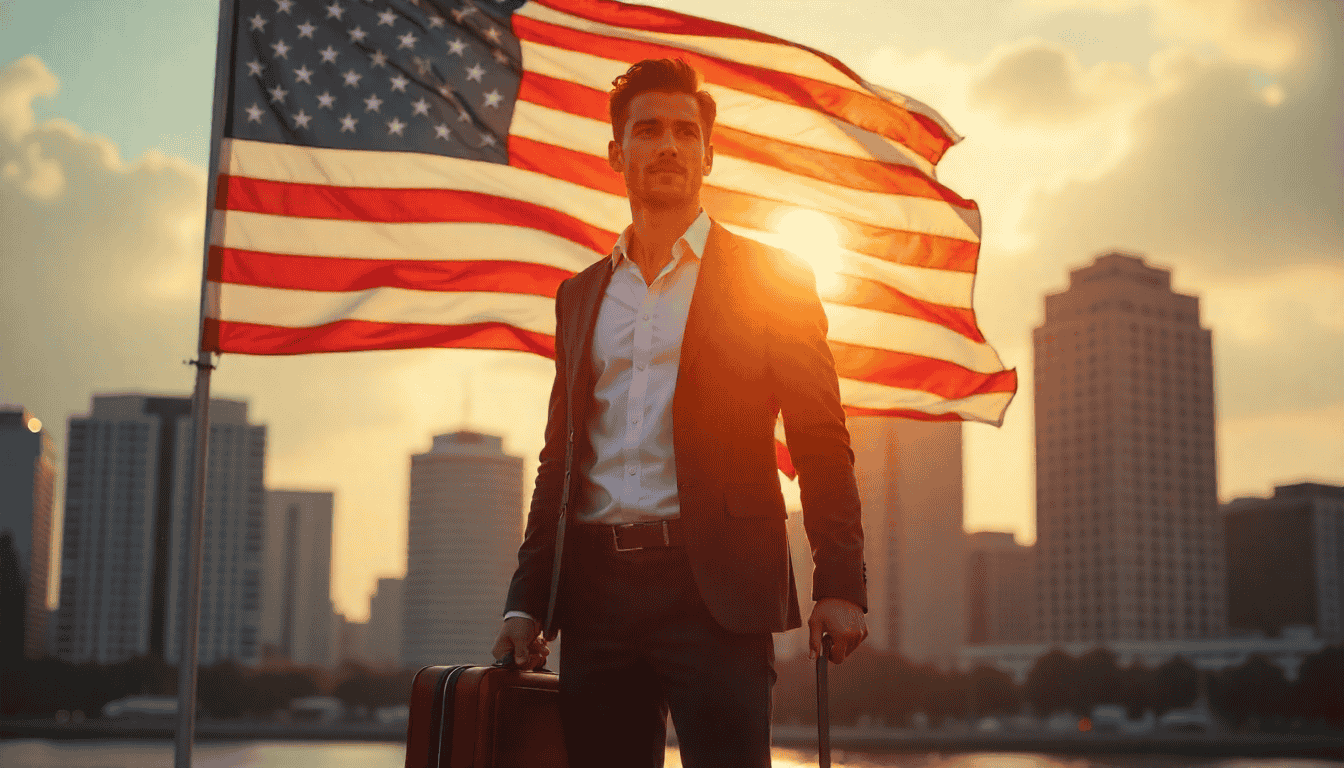 Young professional with resume and suitcase standing in front of U.S. flag, representing career opportunities job in the USA.