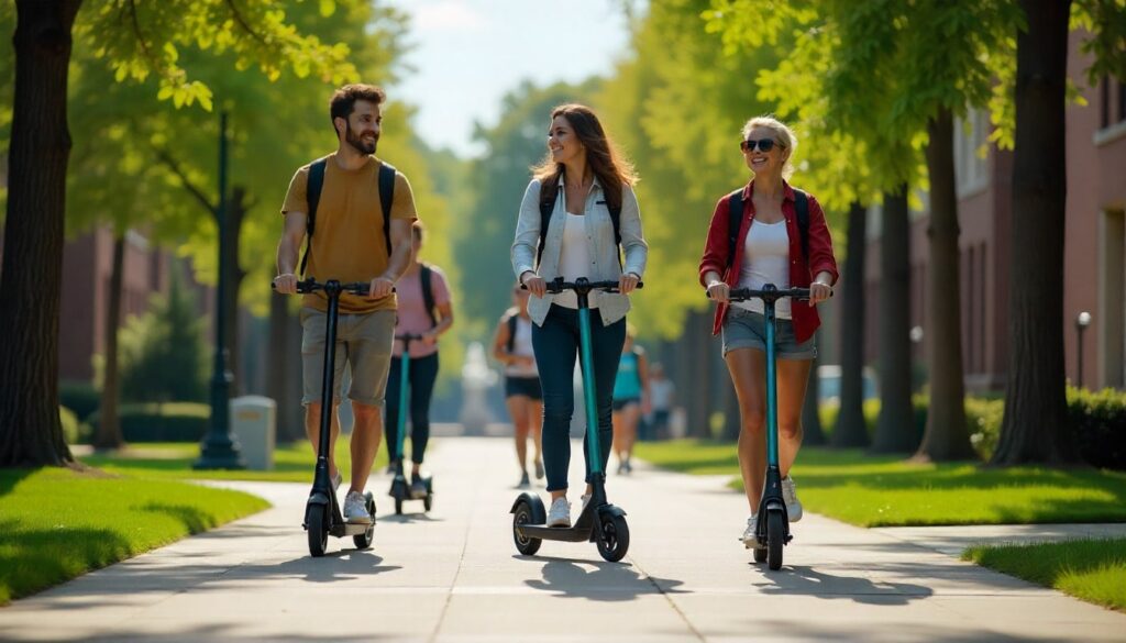 Group of U.S. college students riding the best budget electric scooters on campus, highlighting affordable and eco-friendly transport options for student life.