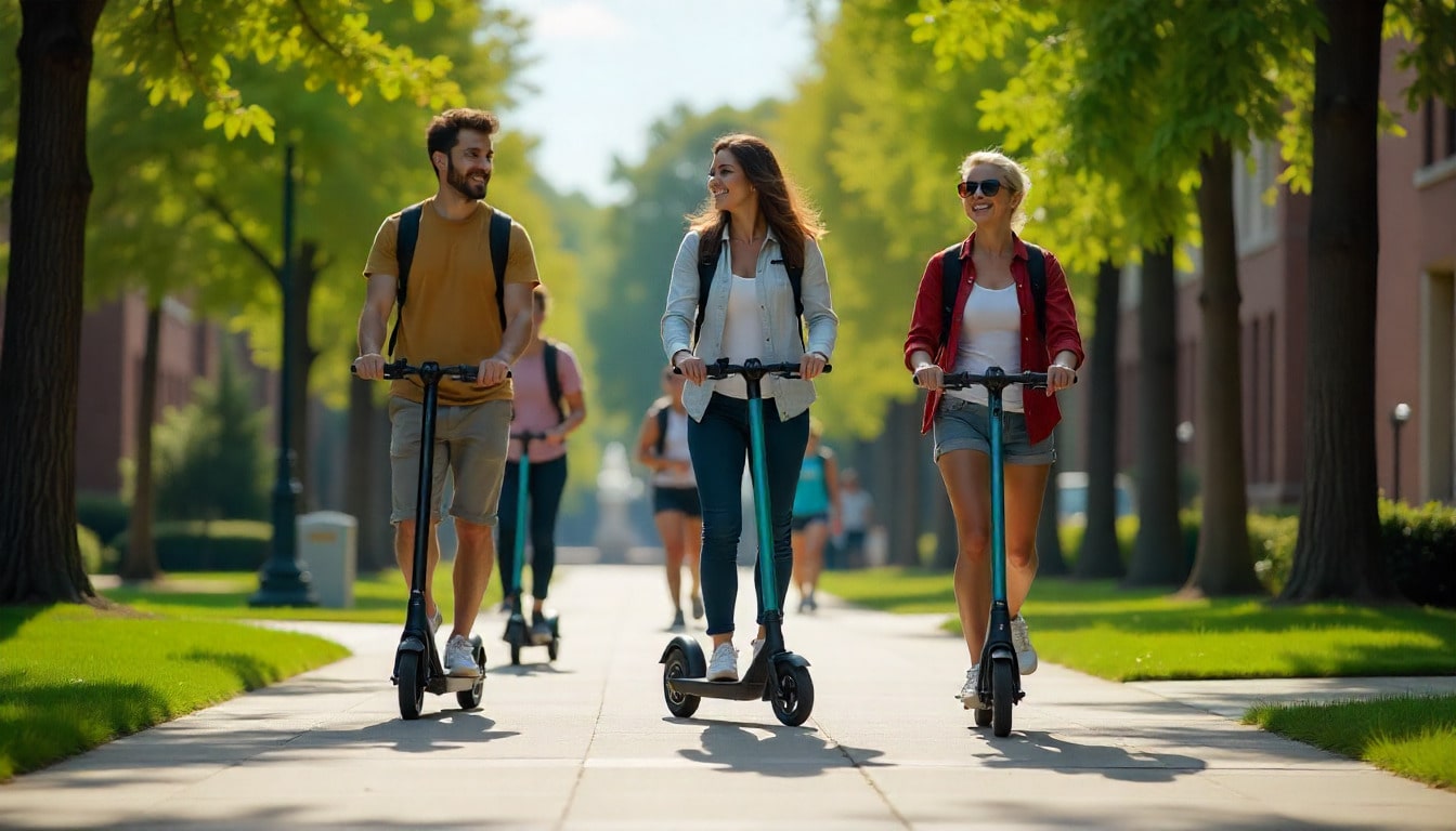 Group of U.S. college students riding the best budget electric scooters on campus, highlighting affordable and eco-friendly transport options for student life.