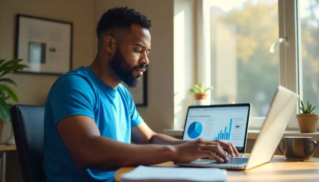 Driver comparing car insurance deals in the USA on a laptop with savings and coverage icons in the background.