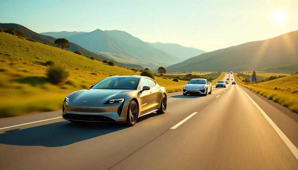 Hybrid cars on a U.S. highway, combining fuel efficiency with electric technology, symbolizing their growing popularity.