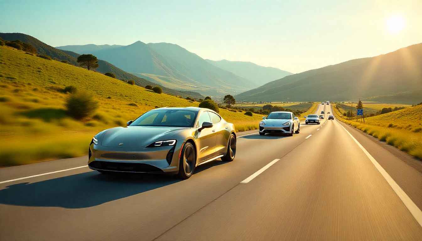 Hybrid cars on a U.S. highway, combining fuel efficiency with electric technology, symbolizing their growing popularity.