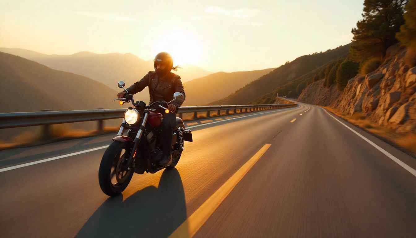 A motorcyclist cruising on a scenic highway at sunset, capturing the freedom and lifestyle that highlight the importance of Motorcycle Insurance in the USA.