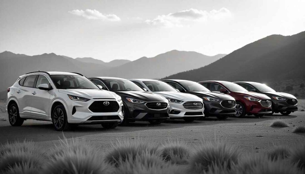Lineup of top car brands in the USA including Toyota, Ford, Honda, Chevrolet, Tesla, Subaru, and Hyundai parked together