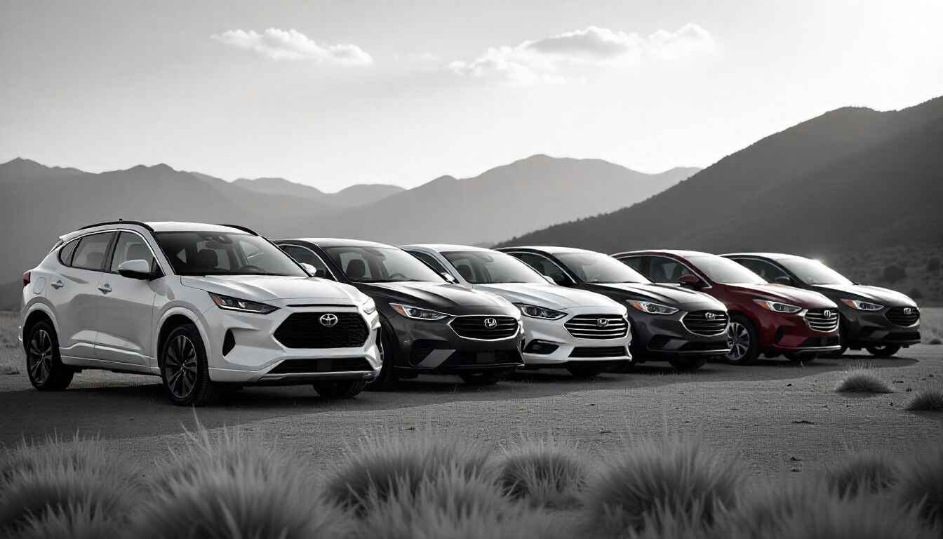 Lineup of top car brands in the USA including Toyota, Ford, Honda, Chevrolet, Tesla, Subaru, and Hyundai parked together