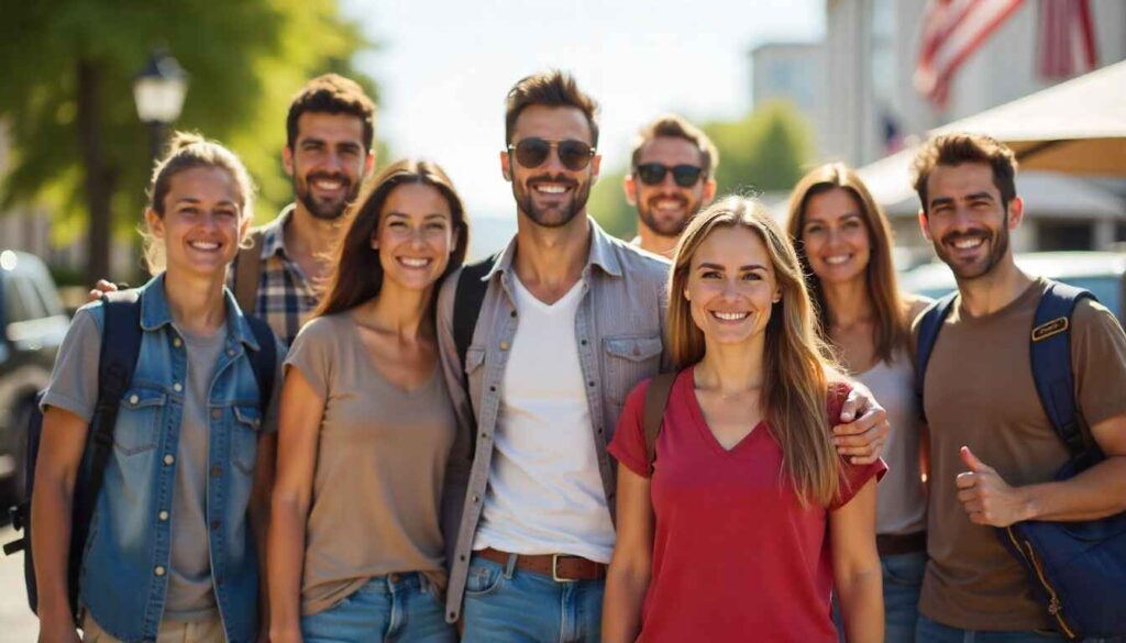 Smiling foreign workers holding suitcases and looking excited, ready to start working in the U.S. without a degree, diverse group, American flag background.